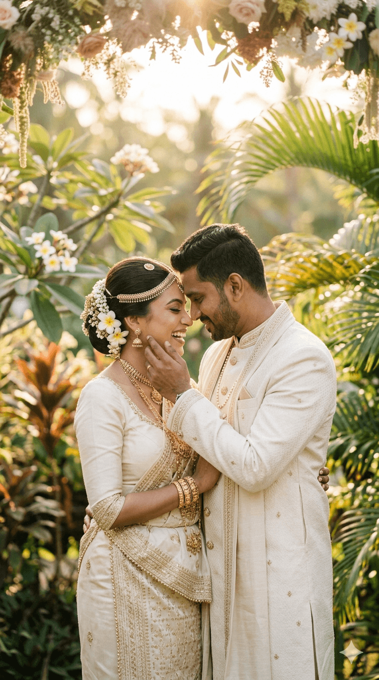 A Sri Lankan couple sharing a tender, joyful moment
