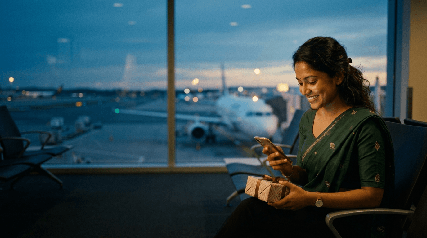 A young woman at an airport smiling at her phone