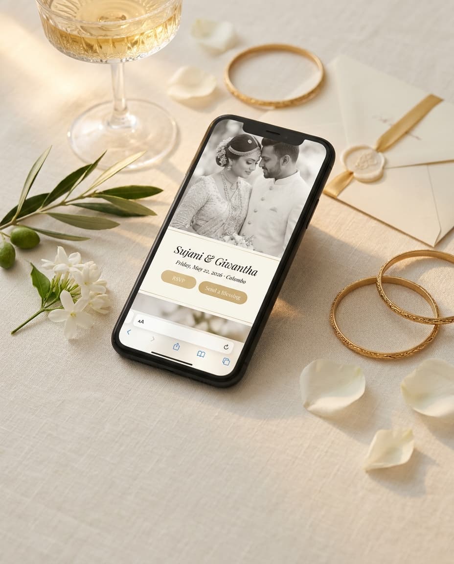 A phone on a table showing the KnotShare wedding page