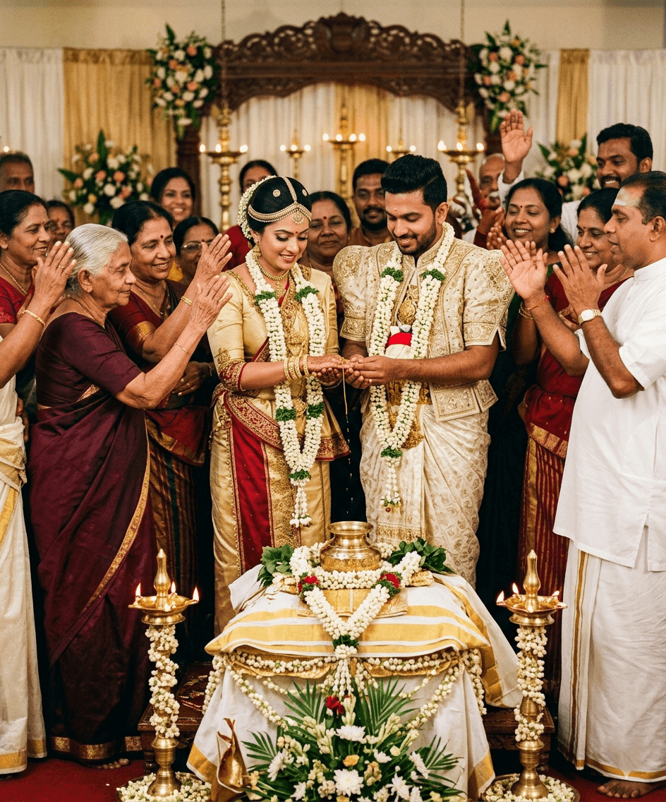 A Sri Lankan wedding ceremony, family gathered around