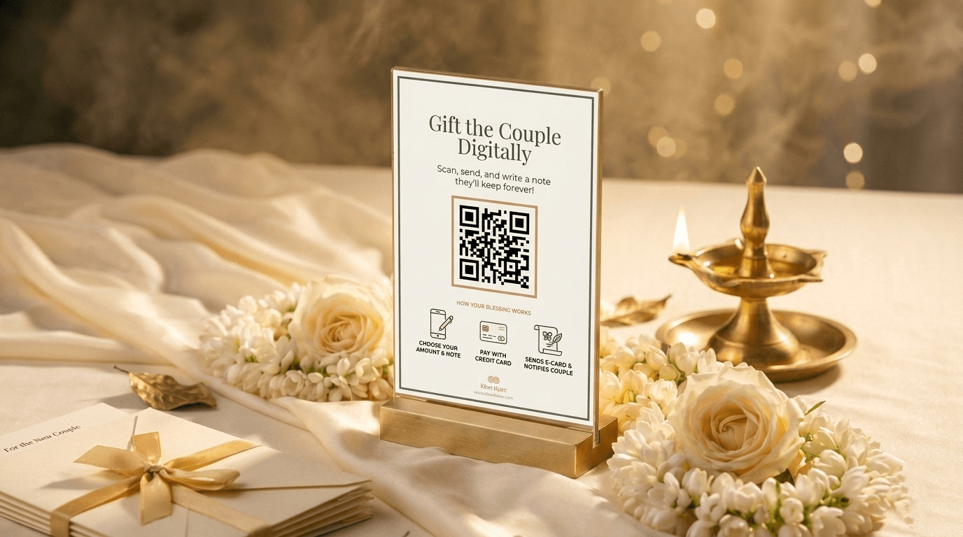 A KnotShare gift card in a gold stand on a reception table